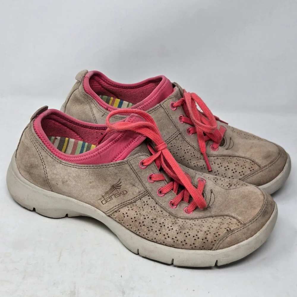 Dansko Womens Taupe Suede Pink Lace Up Comfort Walking Shoes Size 38 Slip Resist